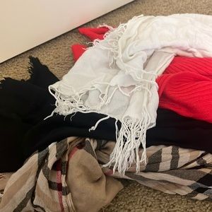 4 scarves for $15, colors red, black, white and patterned